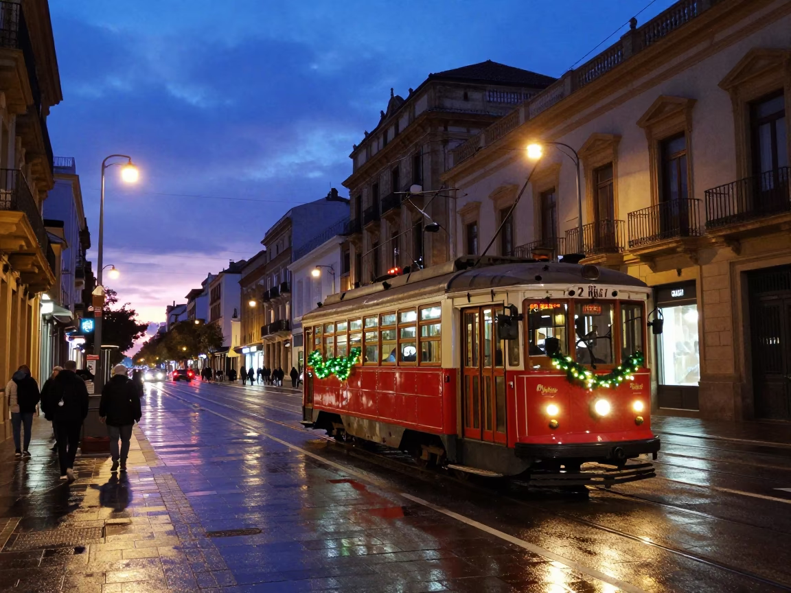 Nautical Dawn Street Scene in Valencia Spain with Tram and Wet Cobblestones in in Valencia, Spain