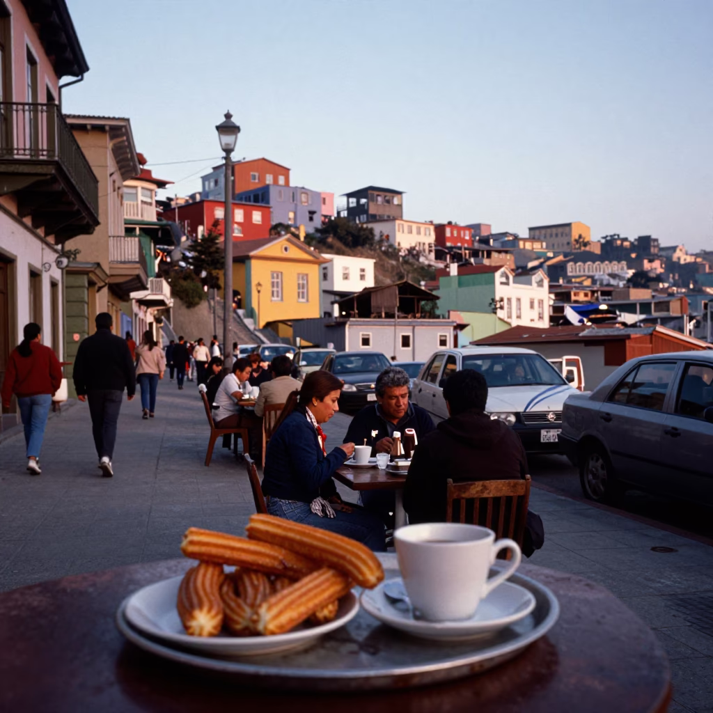 Nautical Dawn Street Scene in Valparaiso Chile with Churros and Chocolate in in Valparaiso, Chile