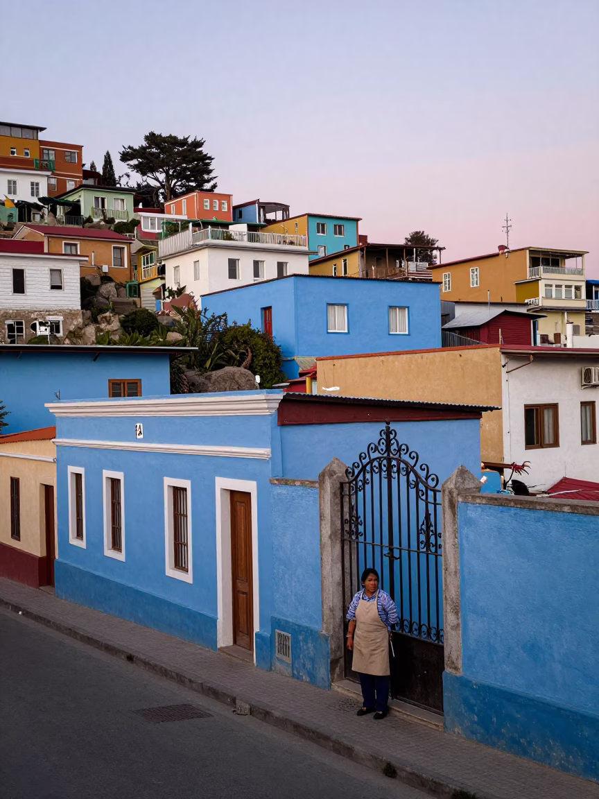 Nautical Dawn Street Scene in Valparaiso Chile with Colorful Architecture and Local Life in in Valparaiso, Chile