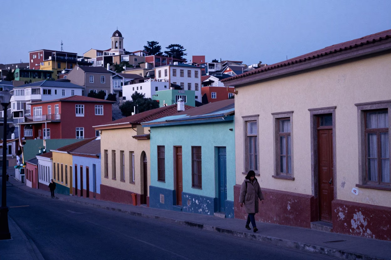 Nautical Dawn Street Scene in Valparaiso Chile with Faded Colorful Facades in in Valparaiso, Chile