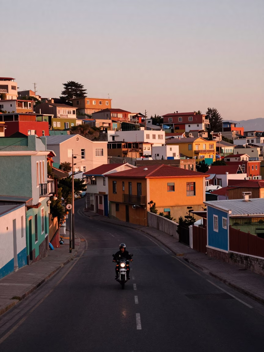Nautical Dawn Street Scene in Valparaiso Chile with Motorcycle and Colorful Architecture in in Valparaiso, Chile