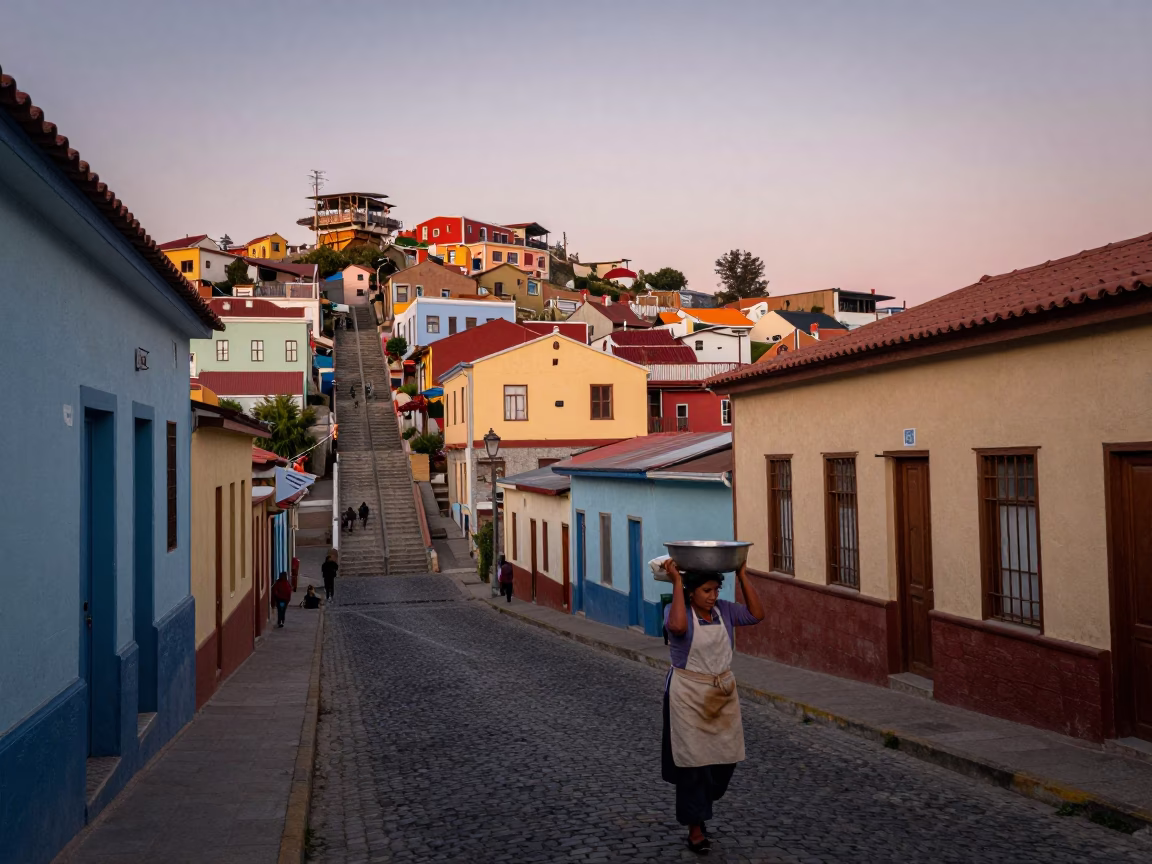 Nautical Dawn Street Scene in Valparaiso Chile with Staircase and Local Activity in in Valparaiso, Chile