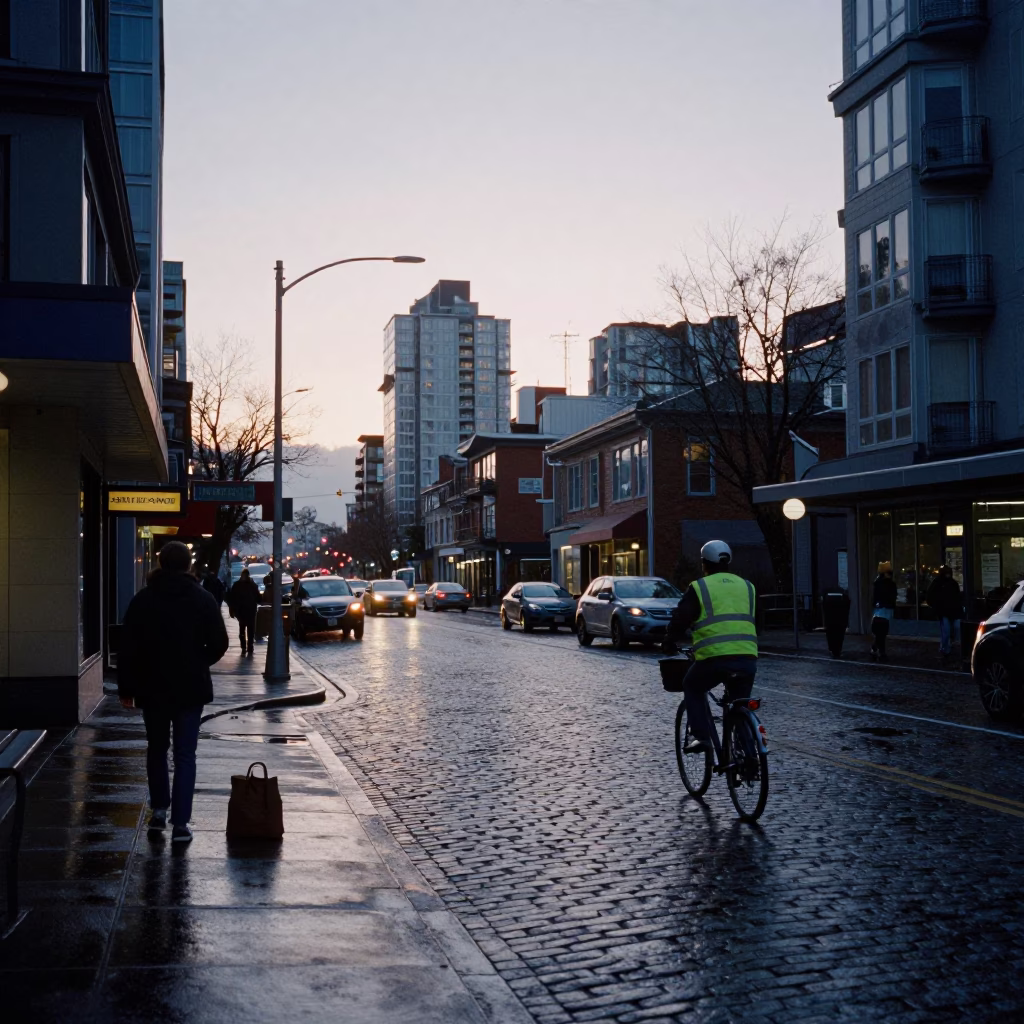 Nautical Dawn Street Scene in Vancouver British Columbia with Coffee and Commuters in in Vancouver, British Columbia, Canada
