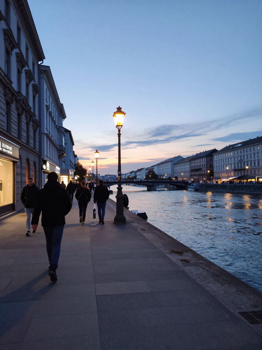 Nautical Dawn Street Scene in Vienna Austria with Brushed Steel and Tea Tin in in Vienna, Austria