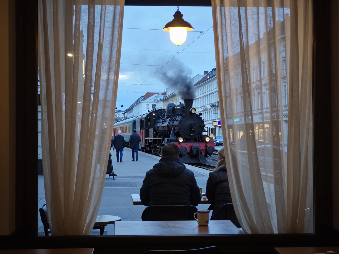 Nautical Dawn Street Scene in Vienna Austria with Steam Train and Condensation in in Vienna, Austria