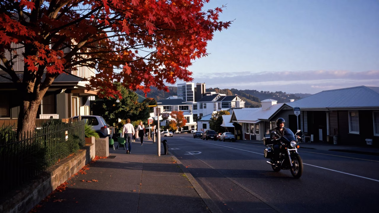 Nautical Dawn Street Scene in Wellington New Zealand with Motorcycle and Autumn Foliage in in Wellington, New Zealand