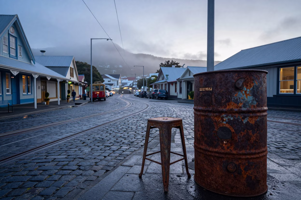 Nautical Dawn Street Scene in Wellington New Zealand with Rusty Bucket and Stool in in Wellington, New Zealand