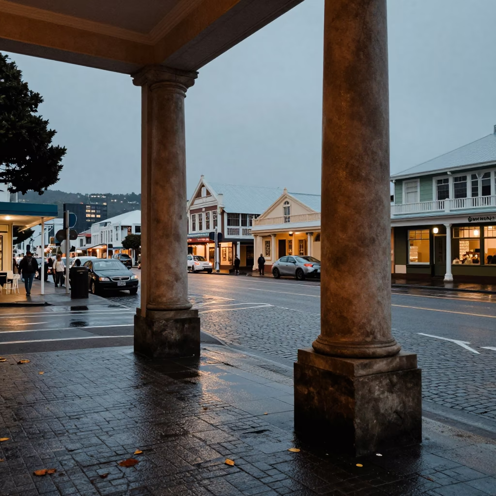 Nautical Dawn Street Scene in Wellington New Zealand with Vintage 1970s Aesthetic in in Wellington, New Zealand