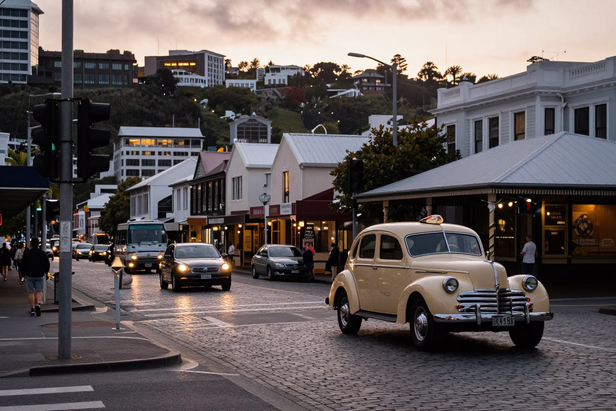 Nautical Dawn Street Scene in Wellington New Zealand with Vintage Car and Local Life in in Wellington, New Zealand