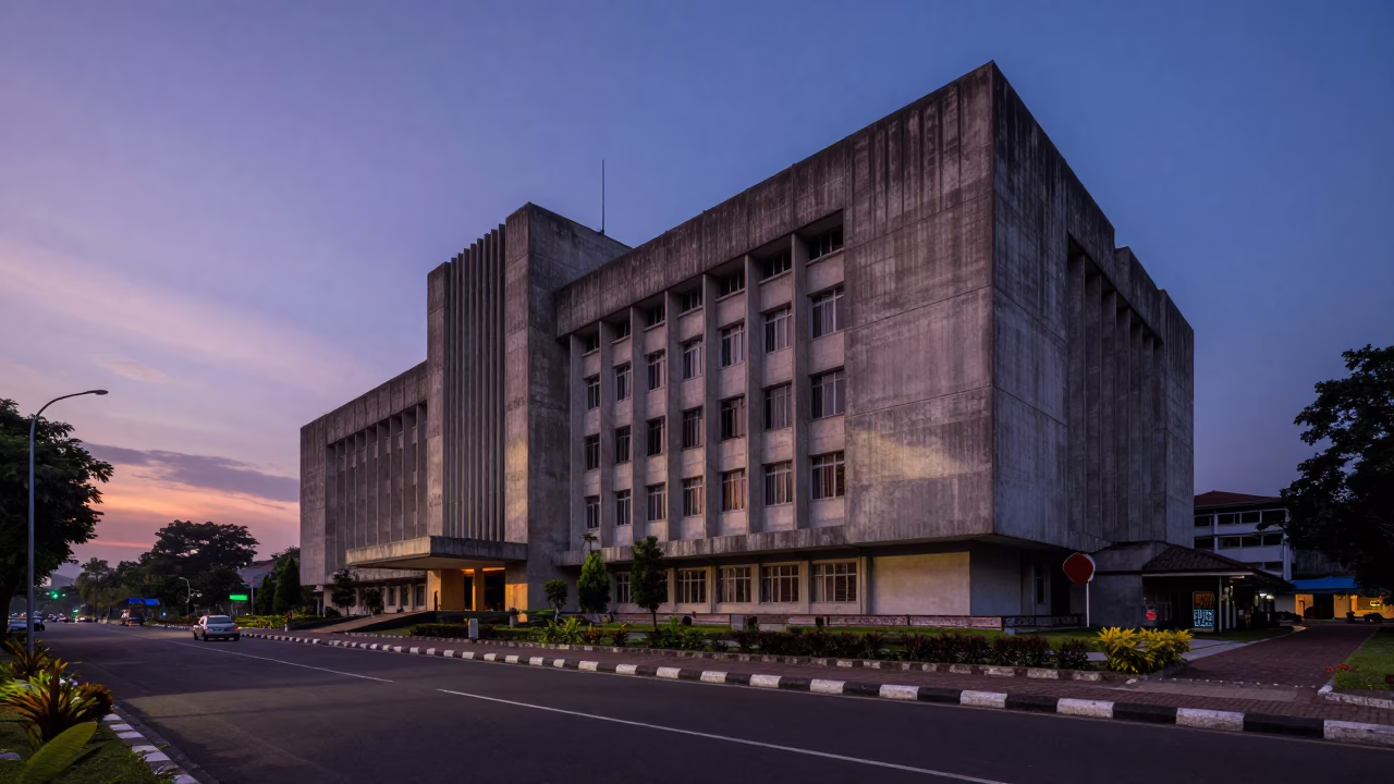 Nautical Dawn Street Scene in Yogyakarta Indonesia with Concrete Brutalist University Building and Hoe in in Yogyakarta, Indonesia