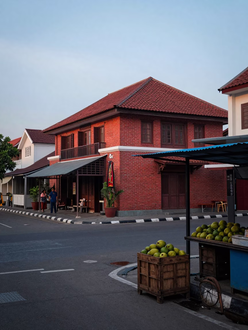 Nautical Dawn Street Scene in Yogyakarta Indonesia with Fruit Crate and Bar Stools in in Yogyakarta, Indonesia