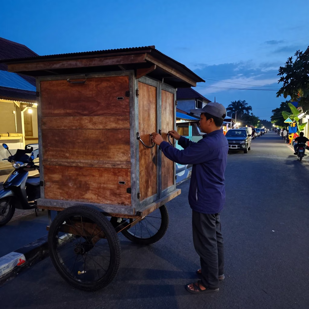 Nautical Dawn Street Scene in Yogyakarta Indonesia with Local Vendor in in Yogyakarta, Indonesia