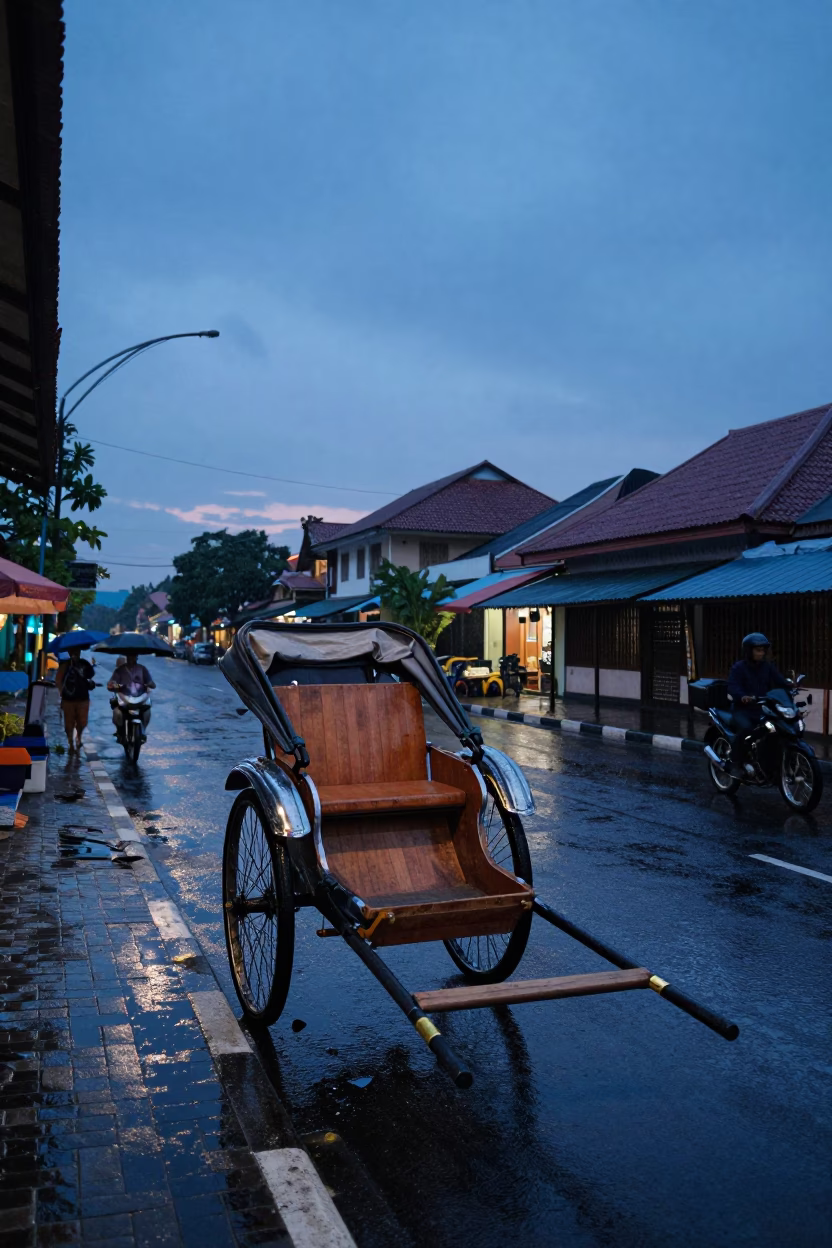 Nautical Dawn Street Scene in Yogyakarta Indonesia with Rickshaw and Rain in in Yogyakarta, Indonesia