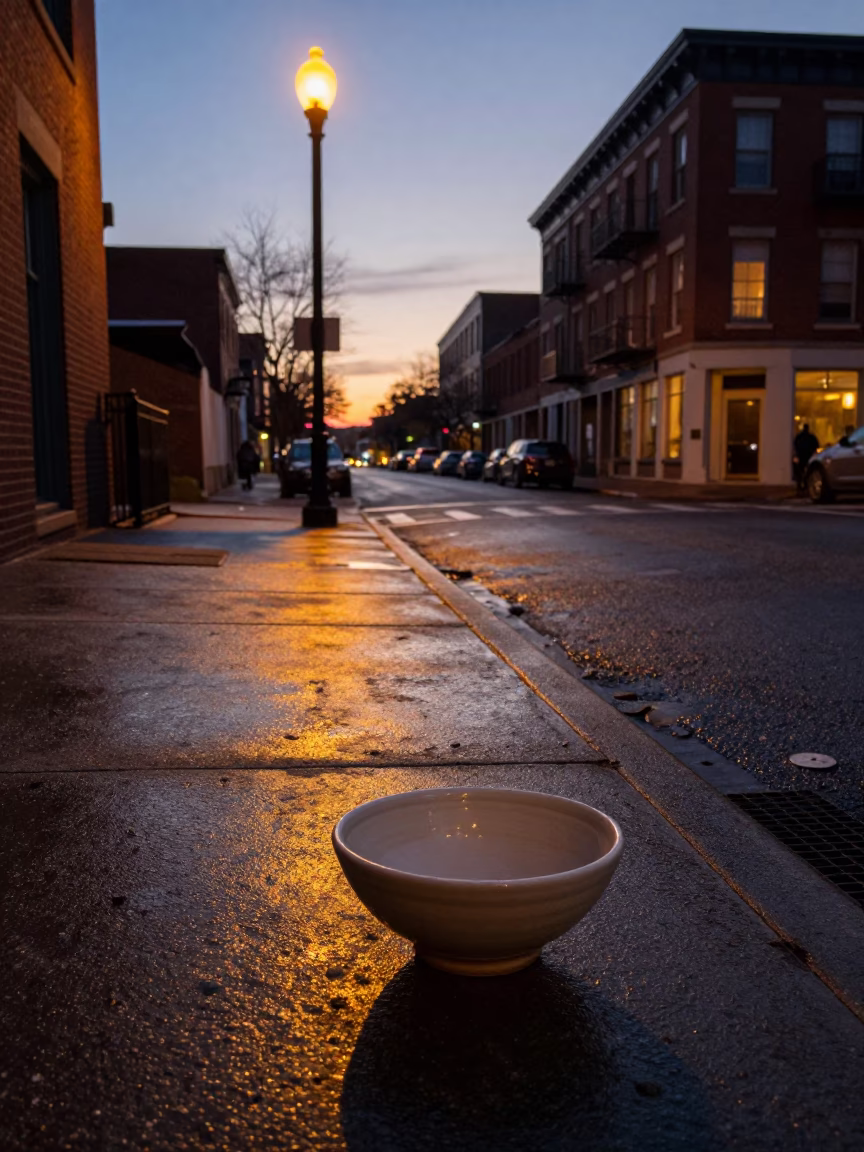 Nautical Dawn Street Scene Philadelphia Pennsylvania with Ceramic Bowl and Rain Boots in in Philadelphia, Pennsylvania, United States