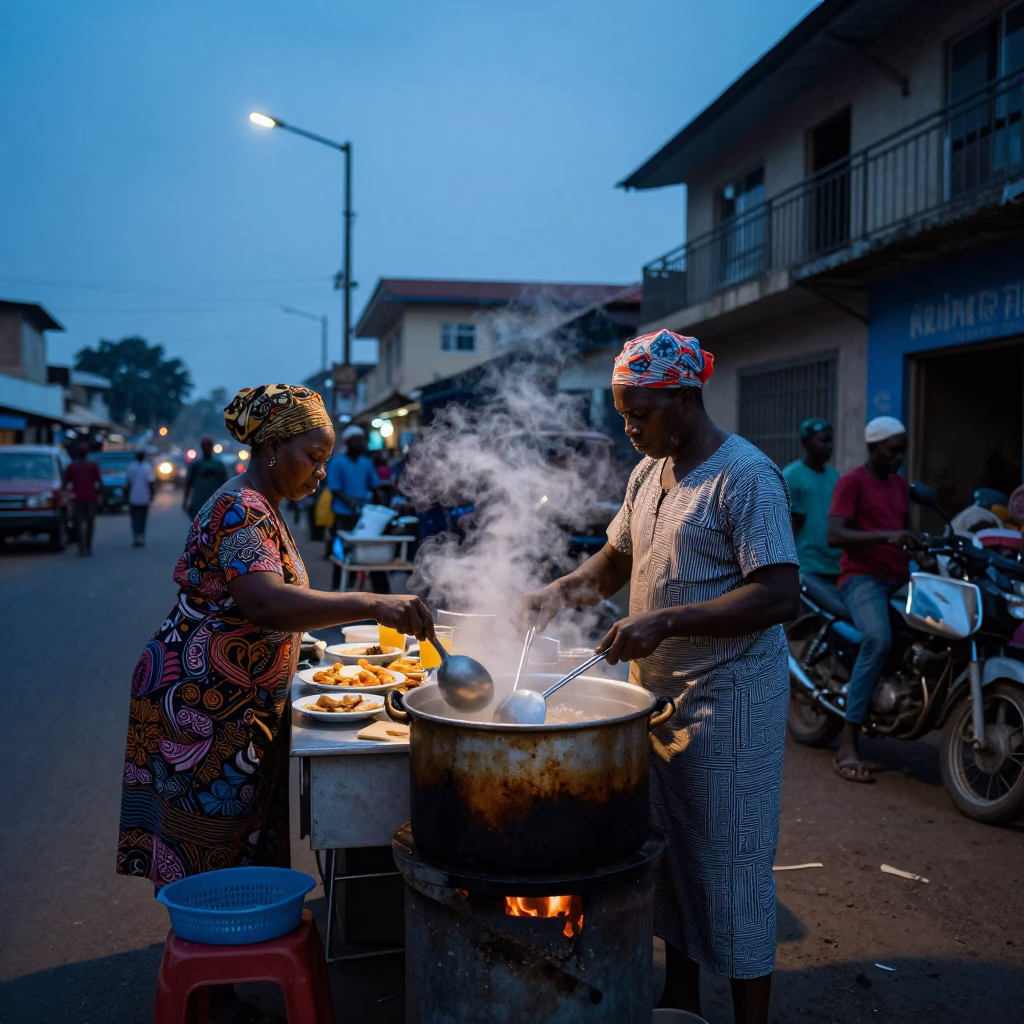 Nautical Dawn Street Vendor Prepares Breakfast in Accra Ghana in in Accra, Ghana