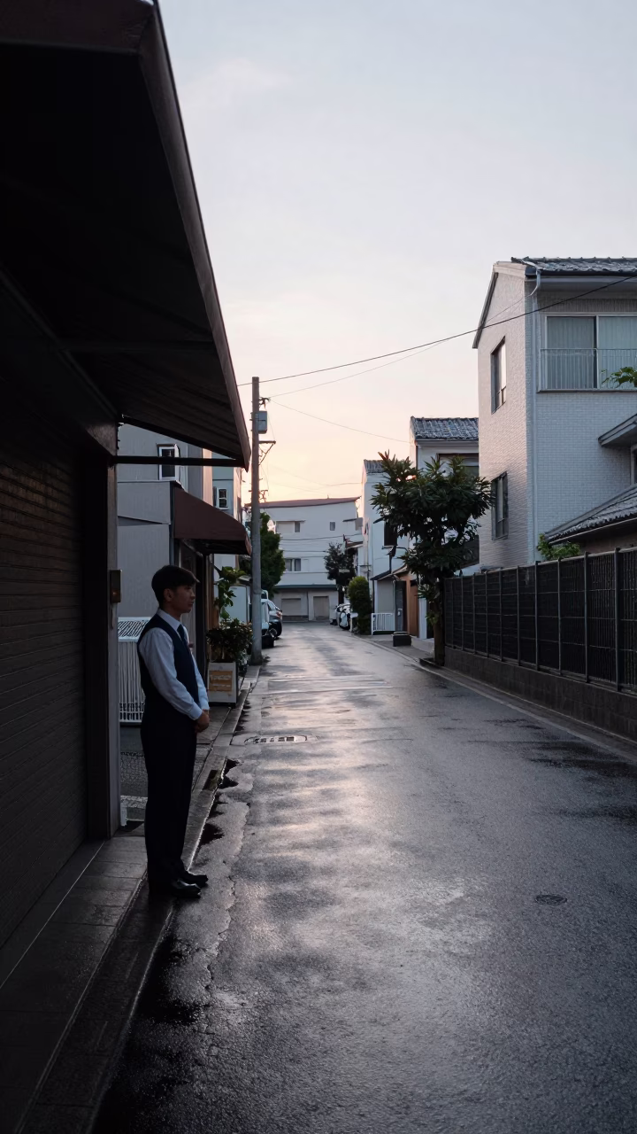 Nautical Dawn Tokyo Street Scene with Substation Fence and Valet Stand in in Tokyo, Japan