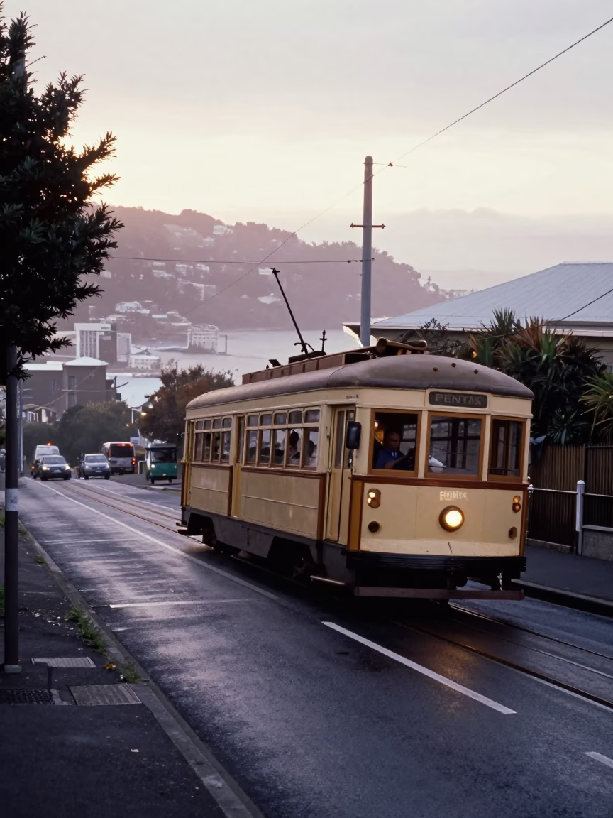 Nautical Dawn Tram Ascent on Wellington Steep Hill with City Harbour Views in in Wellington, New Zealand