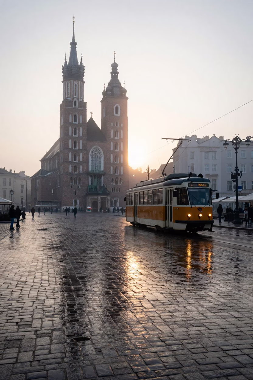 Nautical Dawn Tram Reflection on Wet Cobblestones in Krakow Poland in in Krakow, Poland