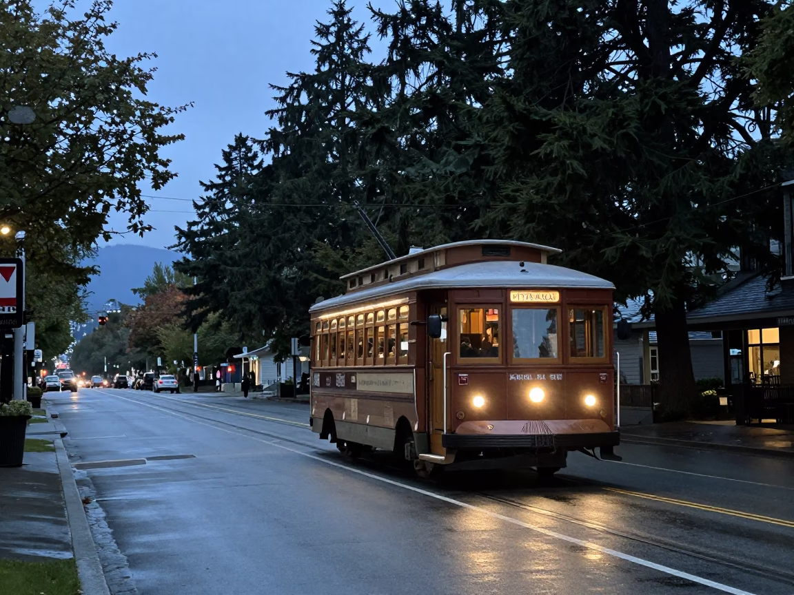 Nautical Dawn Tramcar Journey Along Vancouver Tree-Lined Boulevard in British Columbia in in Vancouver, British Columbia, Canada
