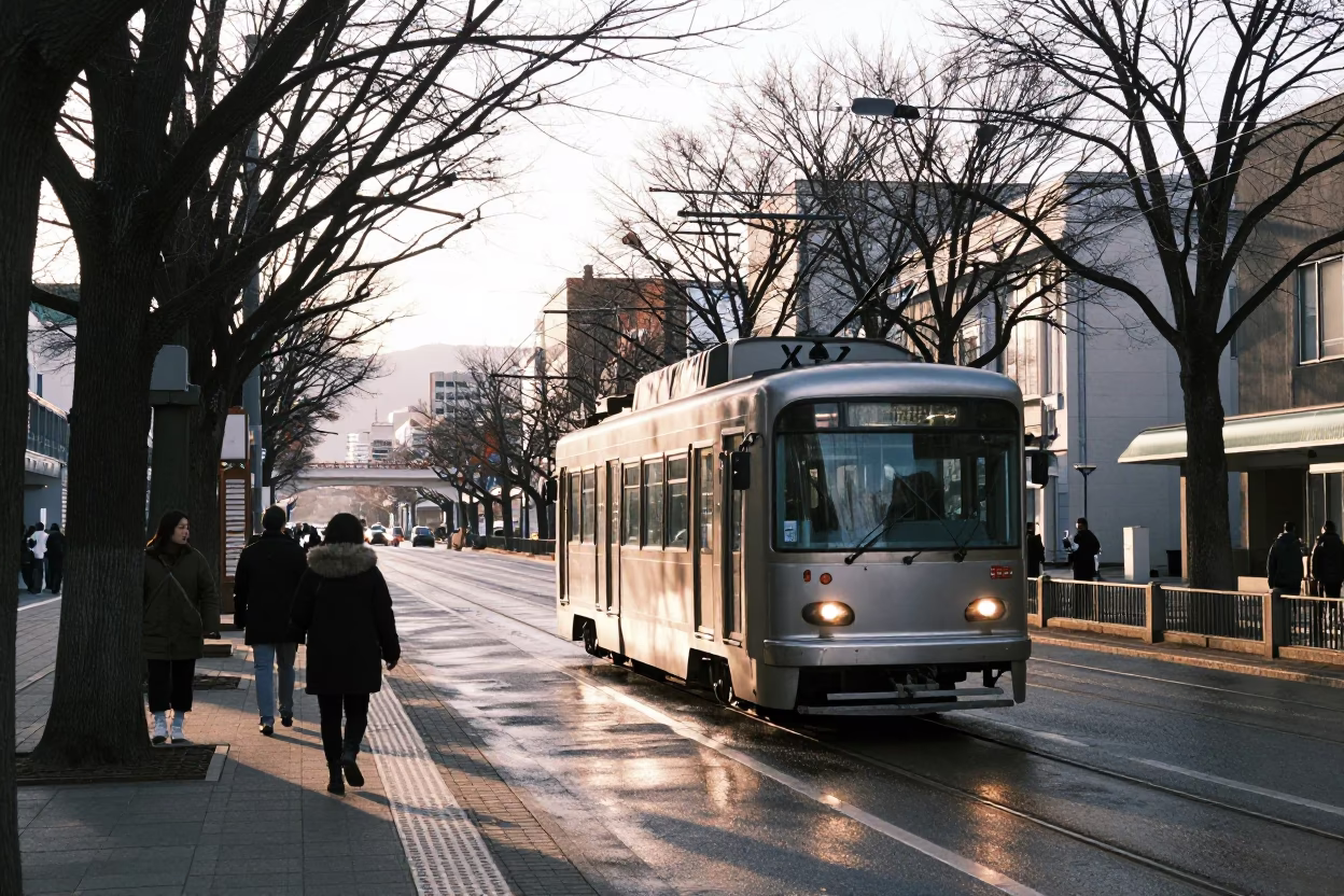 Nautical Dawn Tramcar Sapporo Japan Tree Lined Boulevard Morning Commute in in Sapporo, Japan