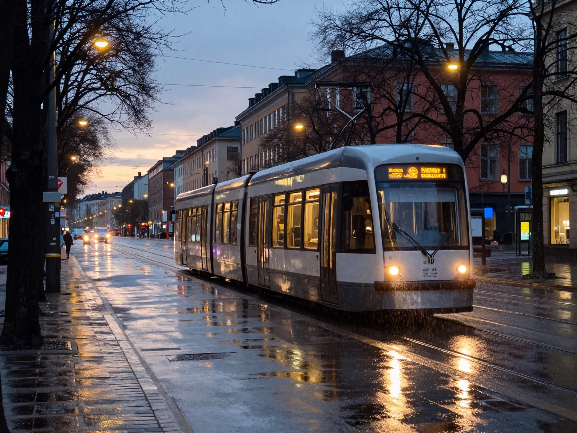 Nautical Dawn Tramway Scene in Stockholm Sweden with Rain and Urban Infrastructure in in Stockholm, Sweden
