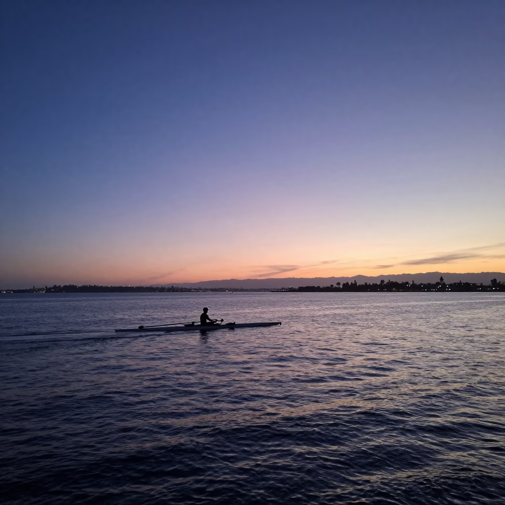 Nautical Dawn View of San Diego Bay with Rowing Boat and Coastal Mist in in San Diego, California, United States