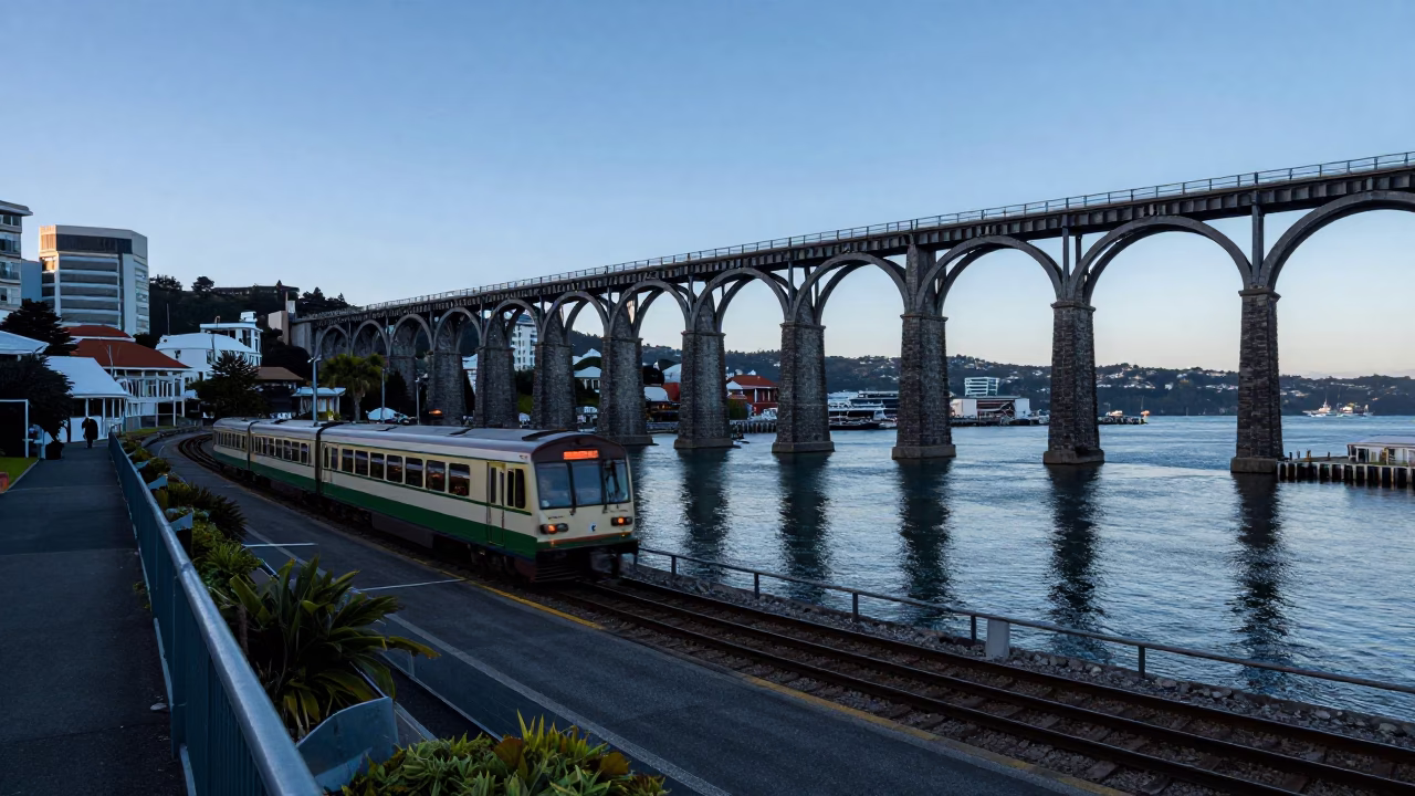 Nautical Dawn Wellington Harbour Railway Viaduct with Passing Train and Wool Scarves in in Wellington, New Zealand