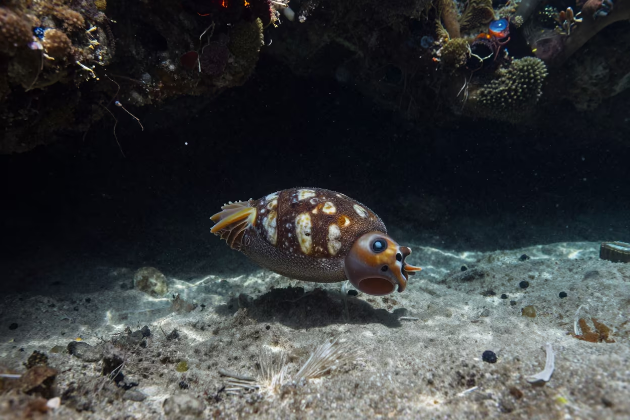 Nautilus Drifting Past Reef Wall in Shadow in beside a reef crevice under clear water near Stone Town