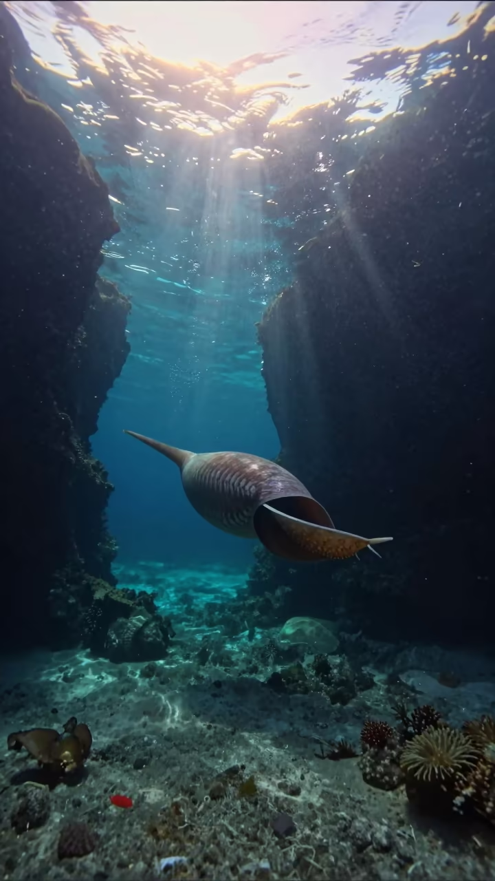 Nautilus Drifts Past Reef at Dawn in beside a reef crevice under clear water near Stone Town
