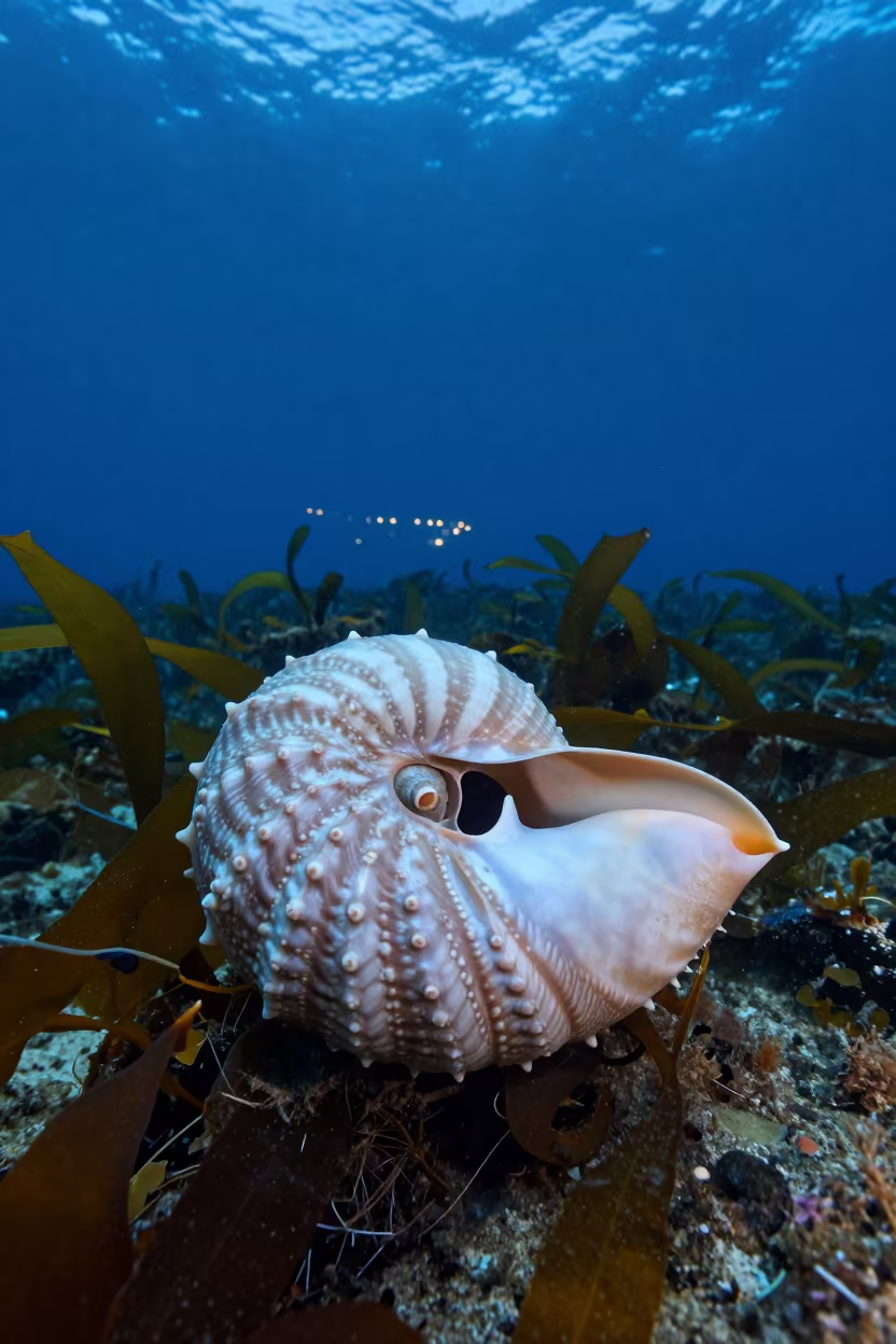 Nautilus Drifting Through Kelp Near Tel Aviv in through a forest of kelp fronds near Tel Aviv