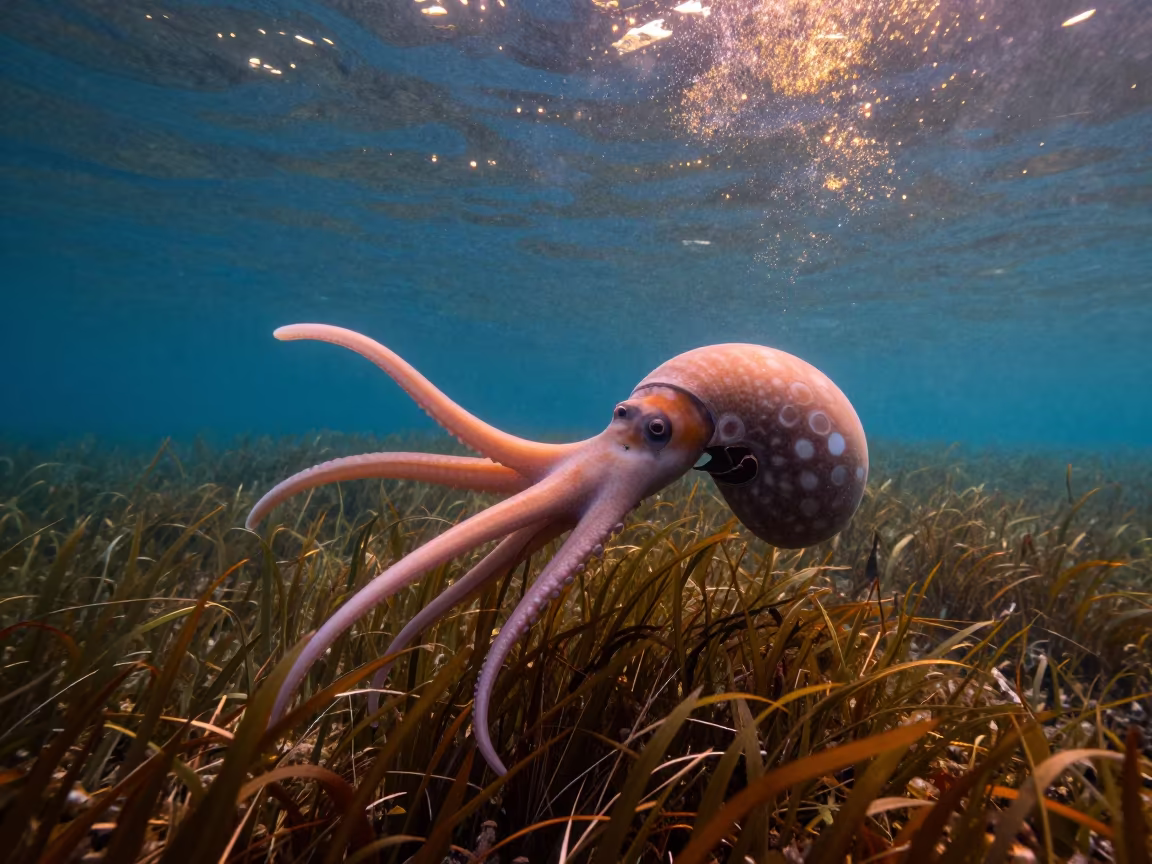 Nautilus Drifting Over Seagrass in Osaka Waters in above a seagrass meadow near Osaka