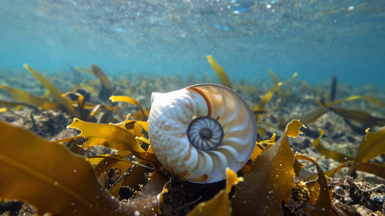 Nautilus Shell Cross Section Amid Kelp Forest in through a forest of kelp fronds in Sicily