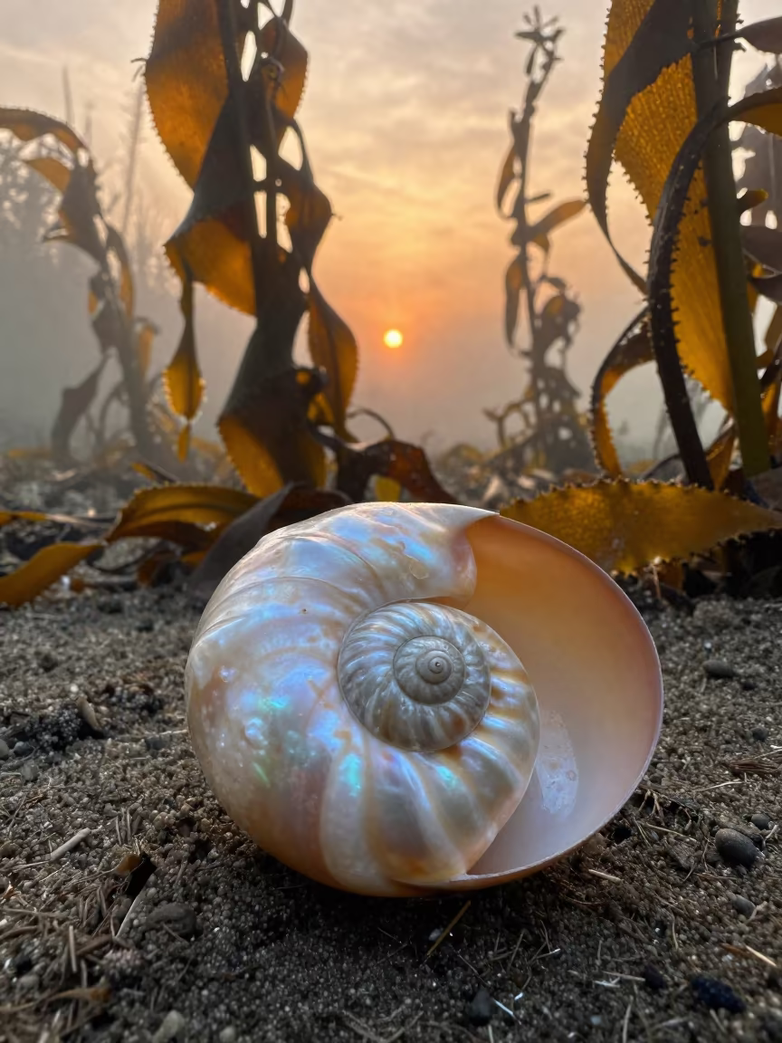 Nautilus Shell Cross Section in Kelp Forest in through a forest of kelp fronds in British Columbia