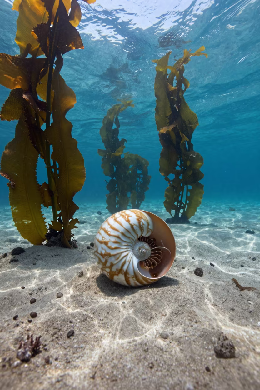 Nautilus Shell Spiral Among Kelp Forest in through a forest of kelp fronds near Cartagena