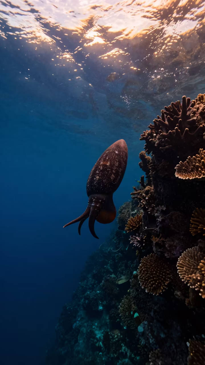 Nautilus Silhouette Against Amber Reef in along a coral wall with blue water beyond near Belize City