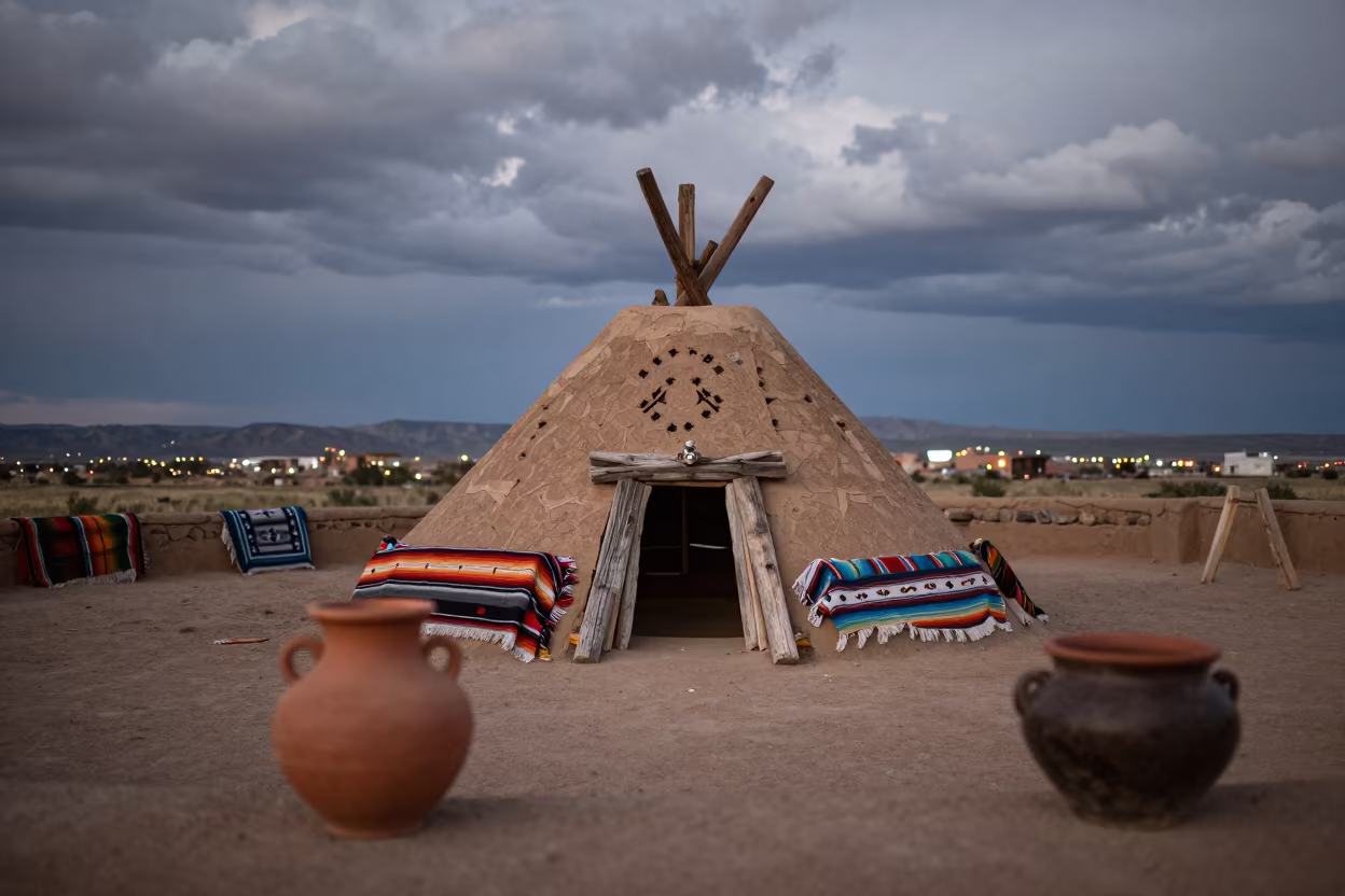 Navajo Kinaalda Ceremony at Dusk Near Santa Fe in beside a family hogan prepared for ceremony near Santa Fe