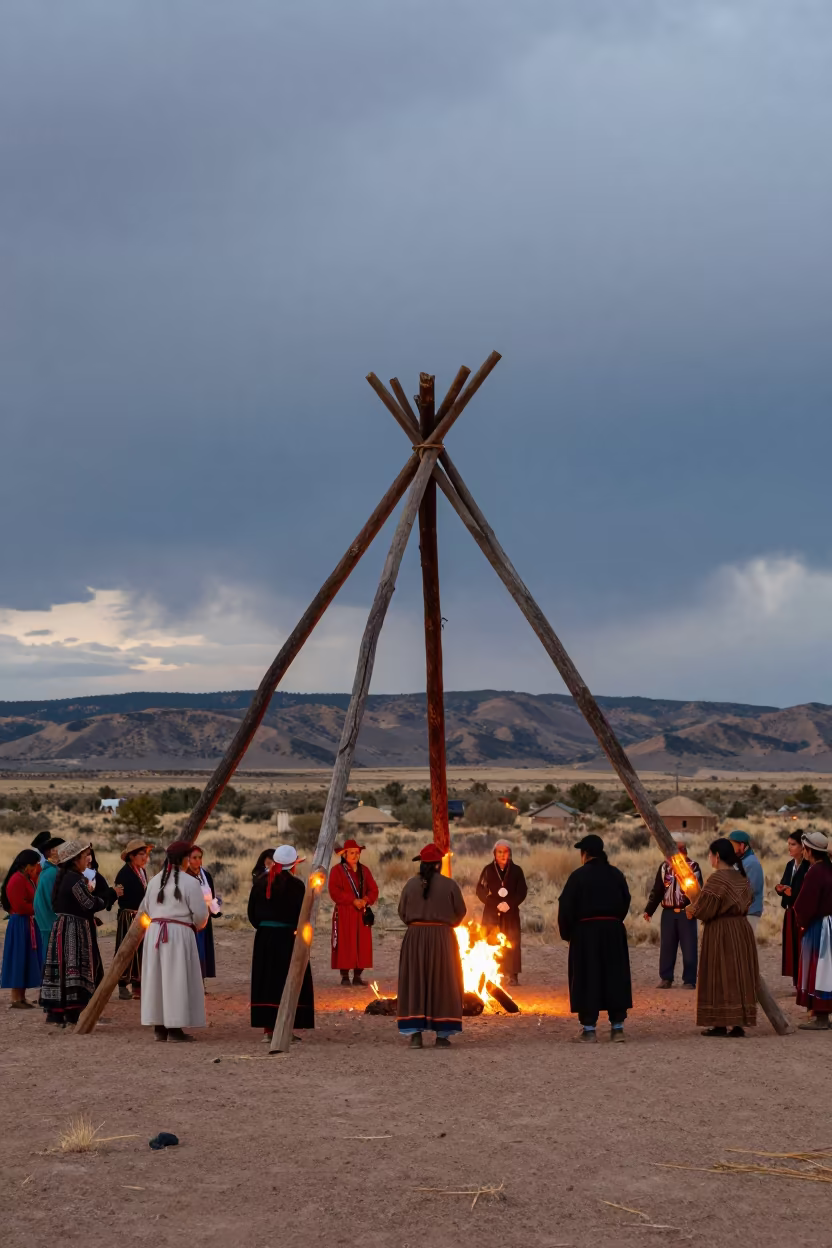 Navajo Kinaalda Ceremony Golden Hour Firelight in near a community brush arbor prepared for the rite near Santa Fe
