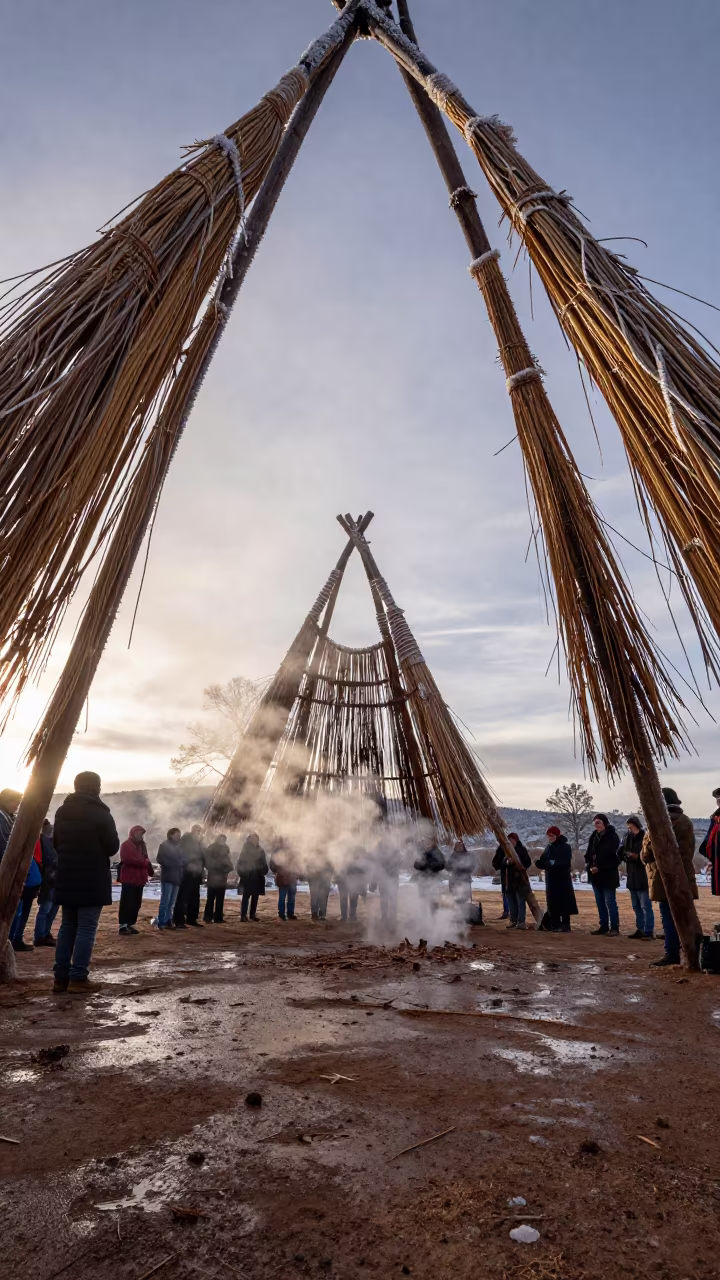 Navajo Kinaalda Dawn Brush Arbor Santa Fe in near a community brush arbor prepared for the rite near Santa Fe