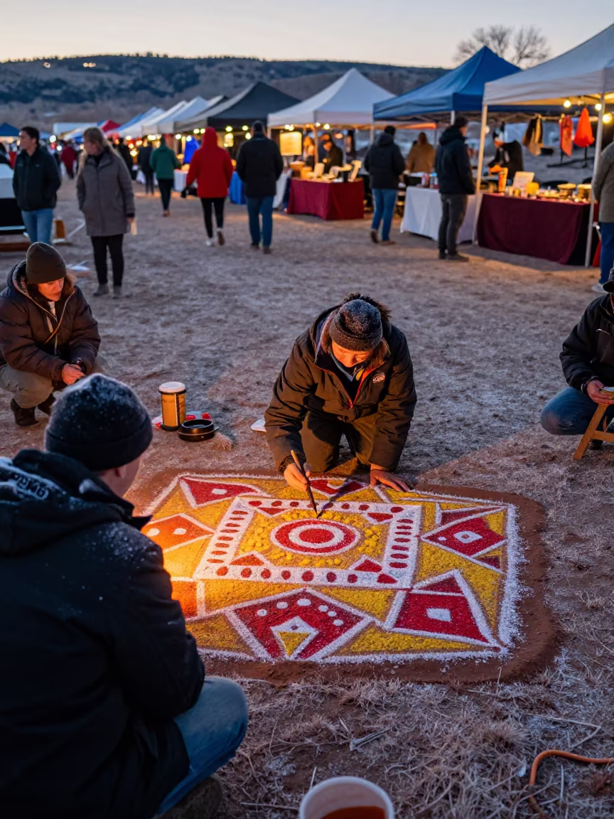 Navajo Sand Painter in Window Rock Market in along a market lane in Window Rock