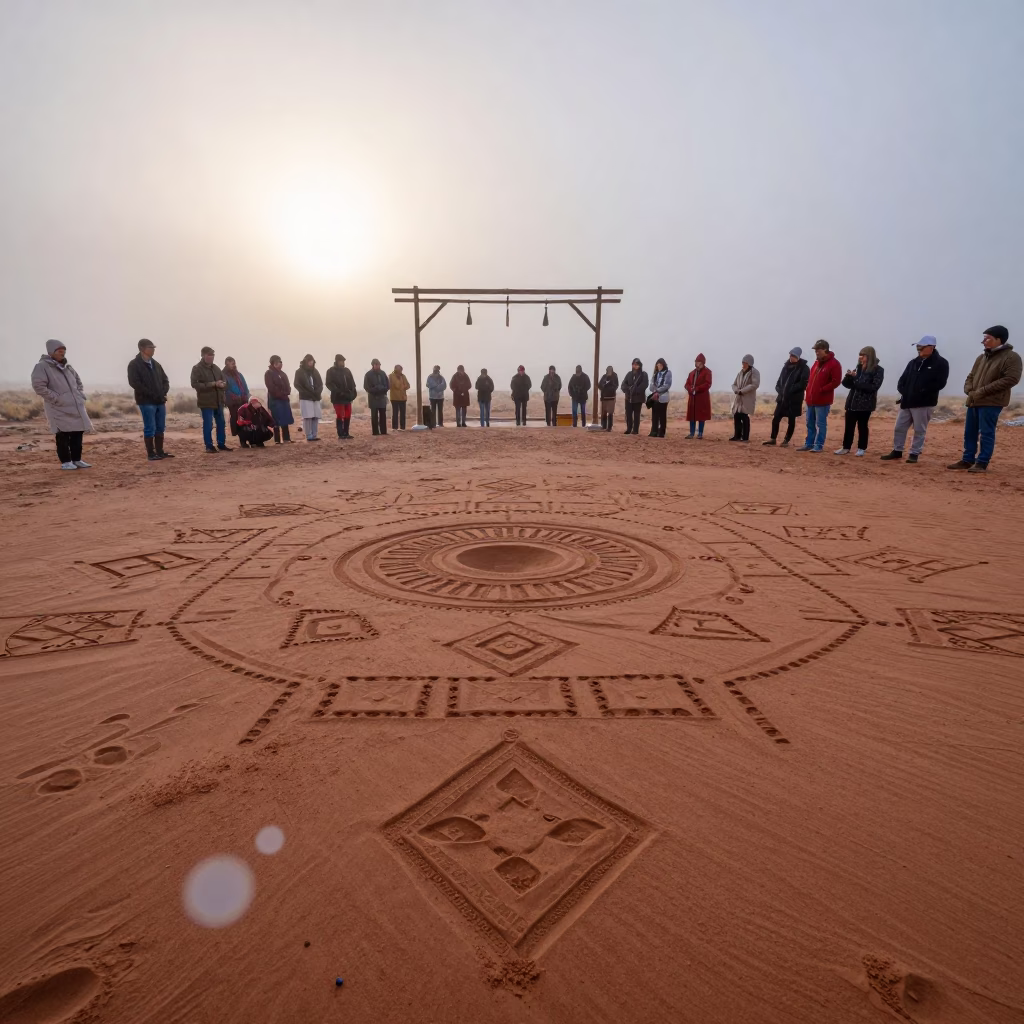 Navajo Sand Painting at Dawn Near Window Rock in near a community brush arbor prepared for the rite near Window Rock