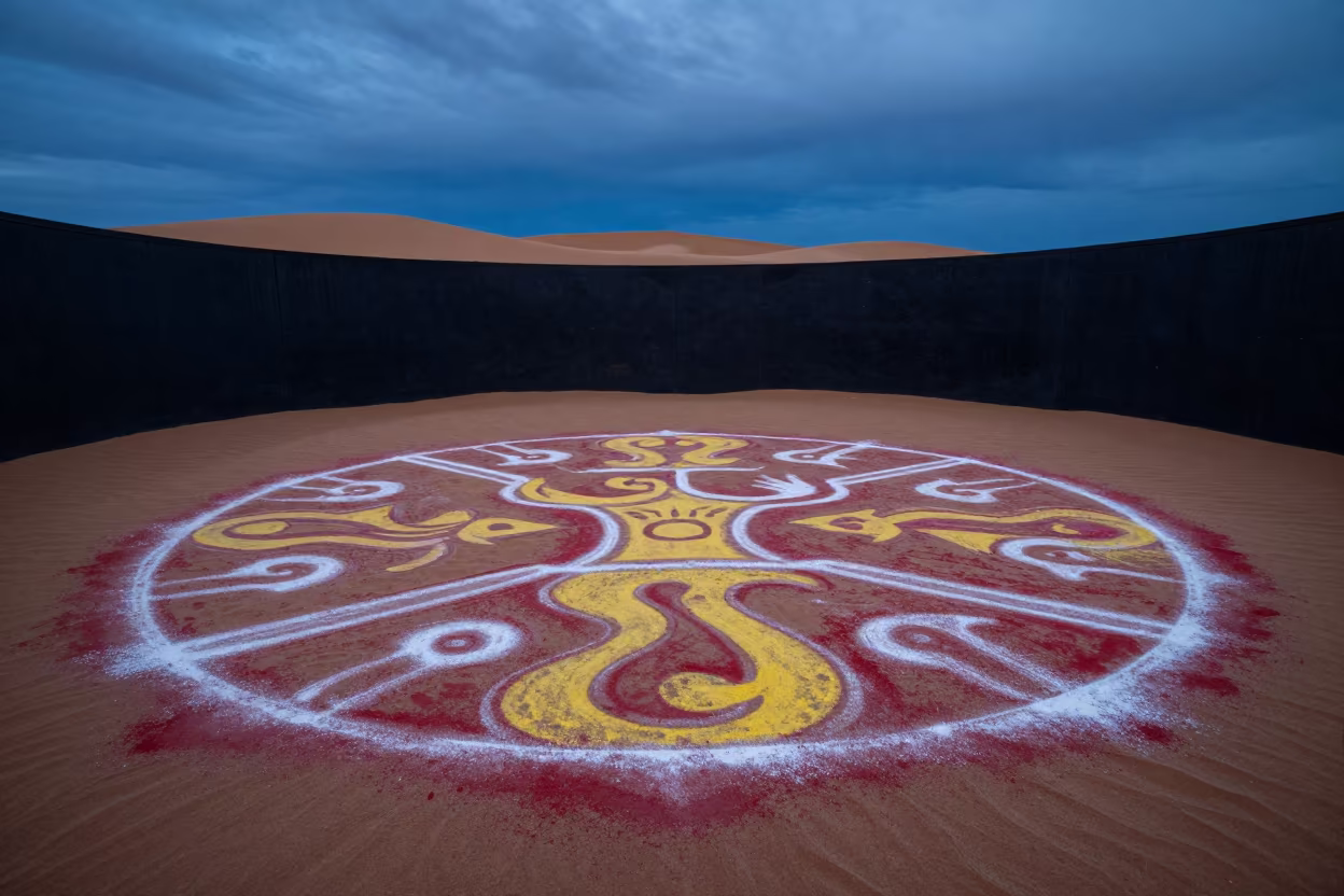 Navajo Sand Painting Desert Floor Transition in at the edge of a desert ceremonial ground near Gallup