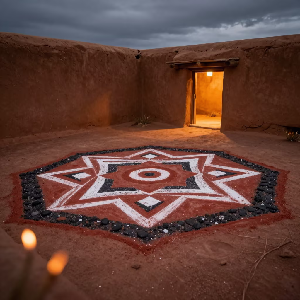 Navajo Sand Painting Firelight Ceremony Night in beside a family hogan prepared for ceremony near Santa Fe