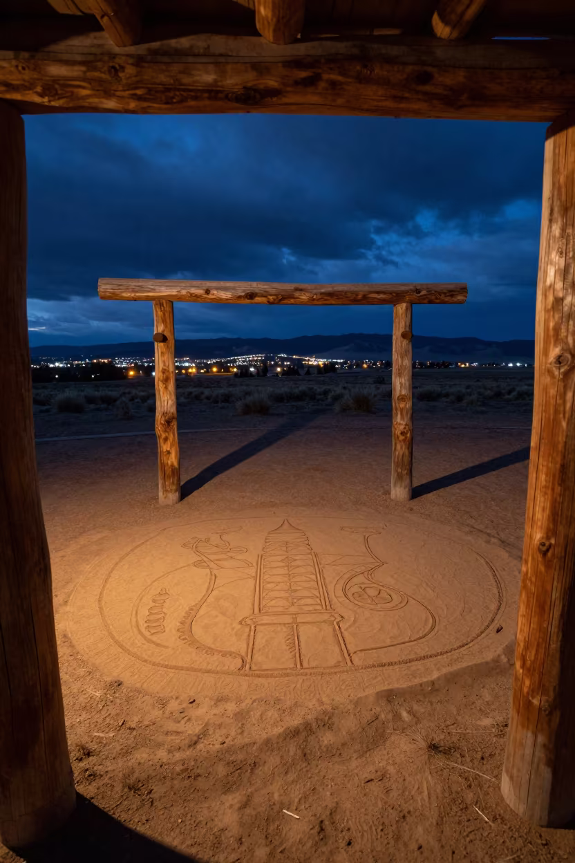 Navajo Sand Painting on Hogan Floor at Dusk in near a community brush arbor prepared for the rite near Santa Fe
