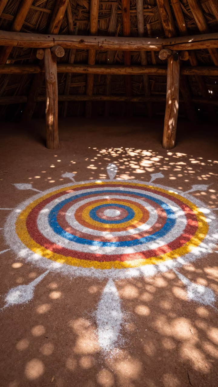 Navajo Sand Painting on Hogan Floor Under Leaves in near a community brush arbor prepared for the rite near Santa Fe