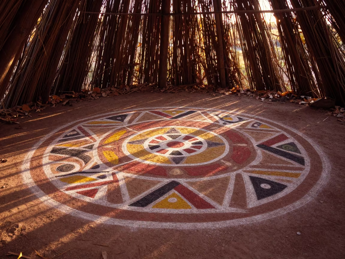 Navajo Sand Painting on Hogan Floor in near a community brush arbor prepared for the rite near Gallup