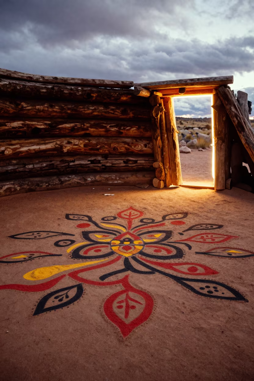 Navajo Sand Painting in Hogan at Sunset in beside a family hogan prepared for ceremony near Window Rock