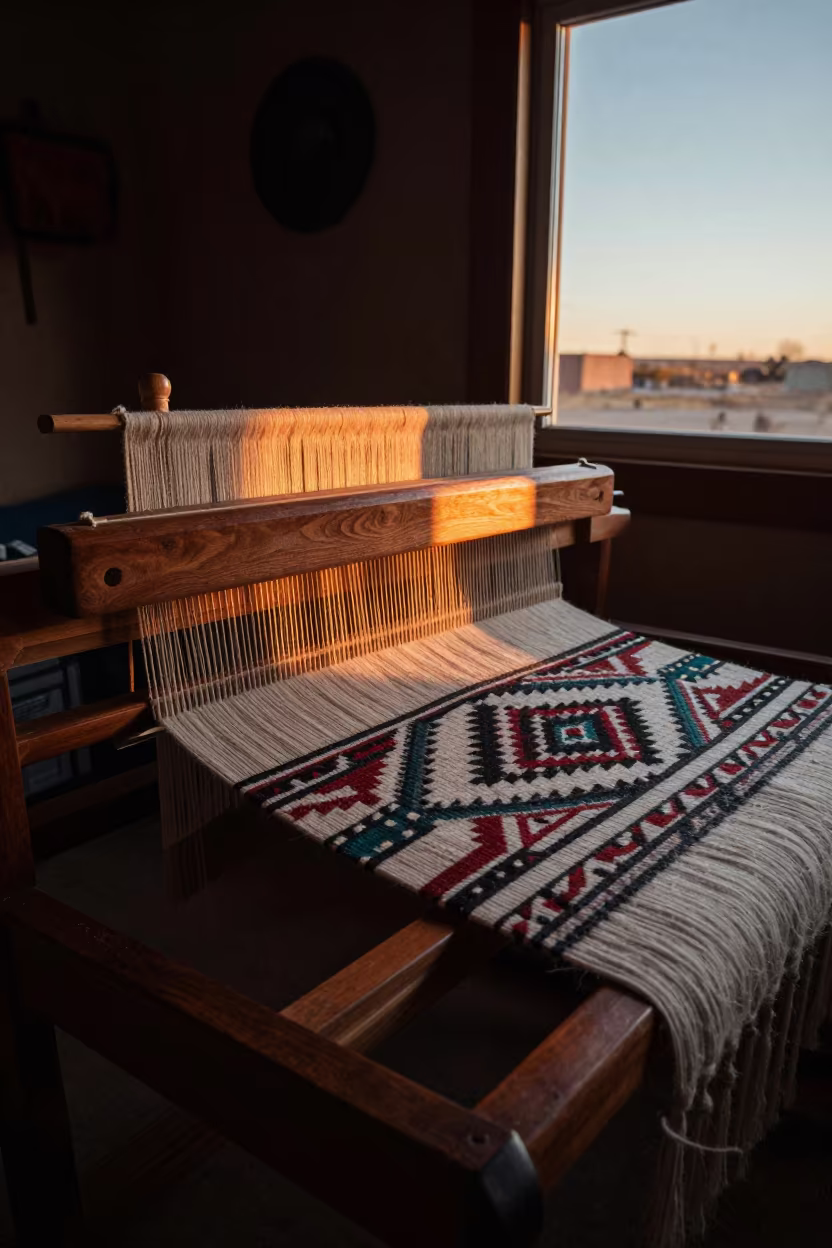 Navajo Weaving on Santa Fe Desk at Sunset in on a writing desk in Santa Fe