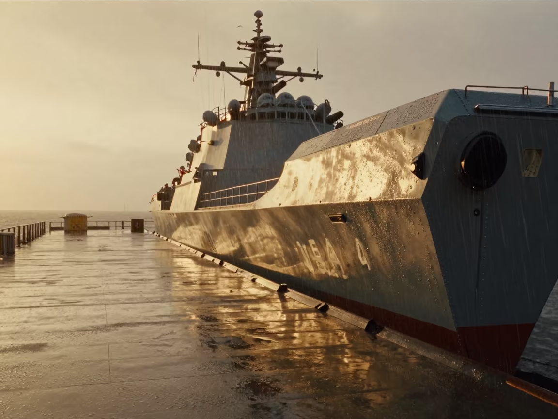Naval Armory Bin in Golden Hour Monsoon Light in on a naval deck in rough wind in Bnei Brak