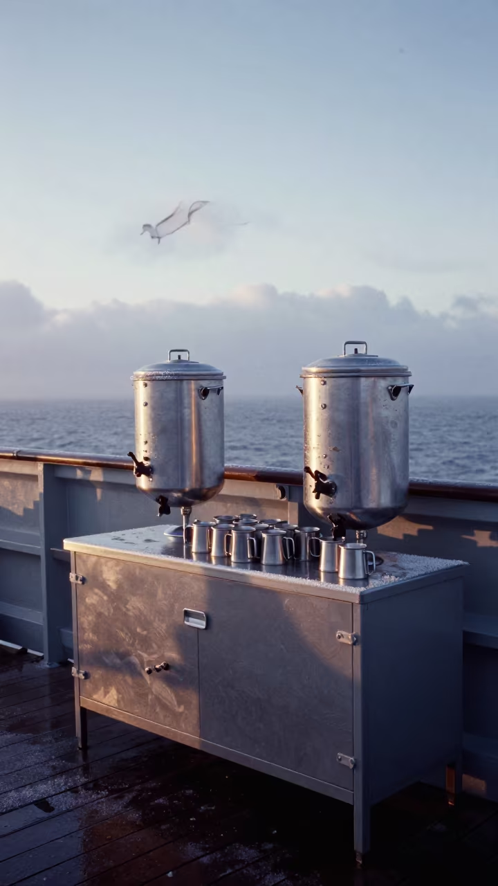 Naval Coffee Station Dawn Light Rough Wind in on a naval deck in rough wind in Hohhot