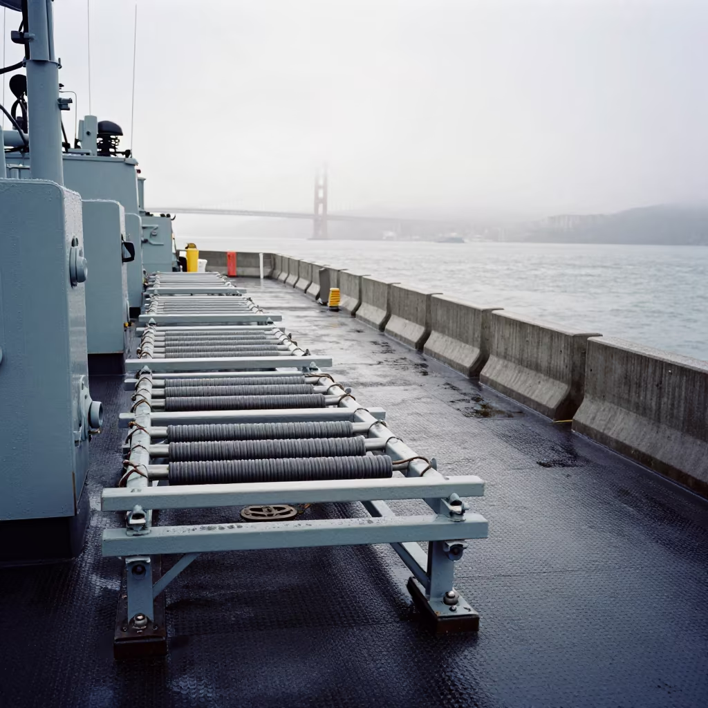 Naval Deck Coil Racks After Rain Morning in at a checkpoint lane near San Francisco